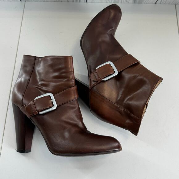 Cole Haan Size 8 Brown Leather Ankle Boots High Block Heel Buckle Bootie - Picture 4 of 10